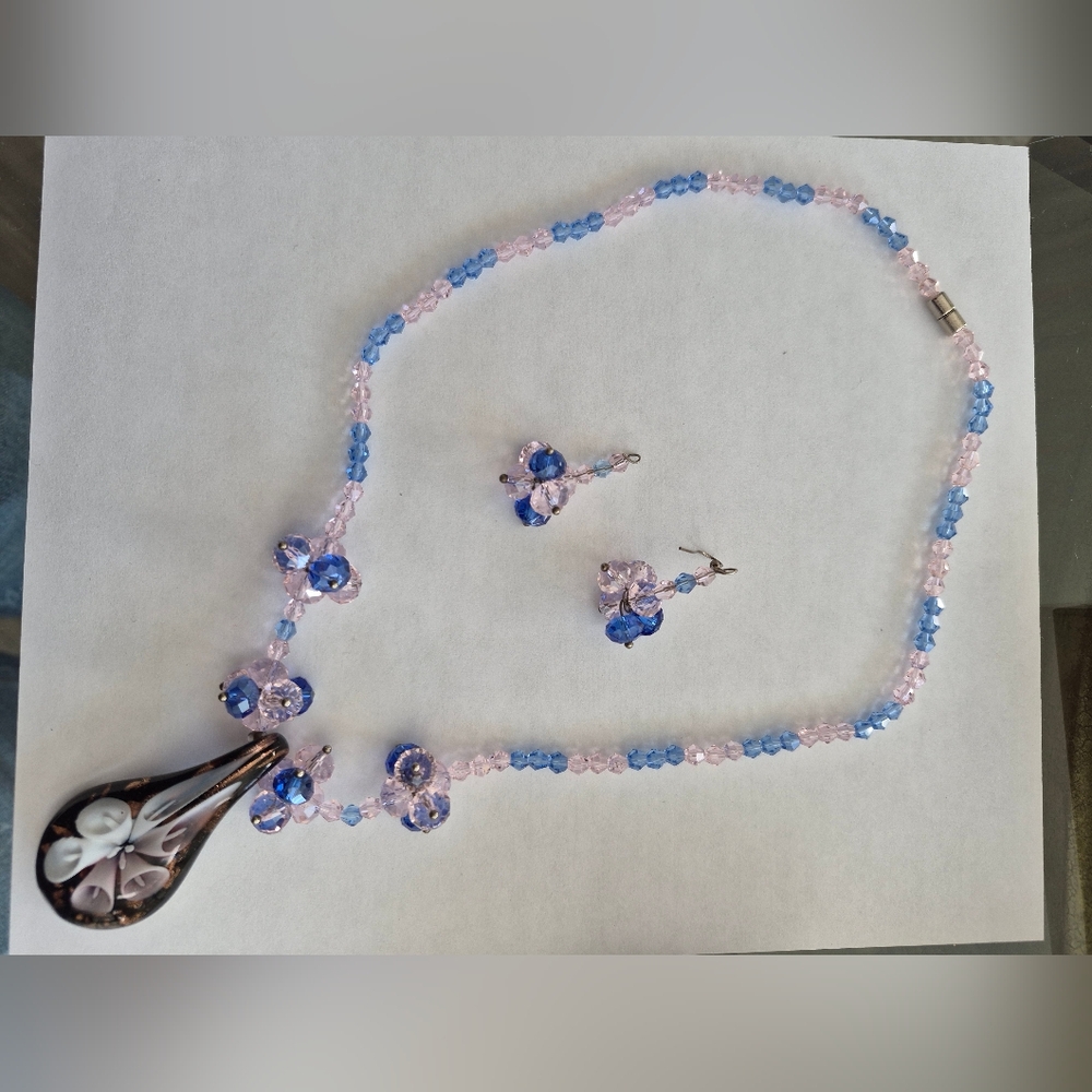 Elegant Blue and Pink Crystal Necklace and Earring Set